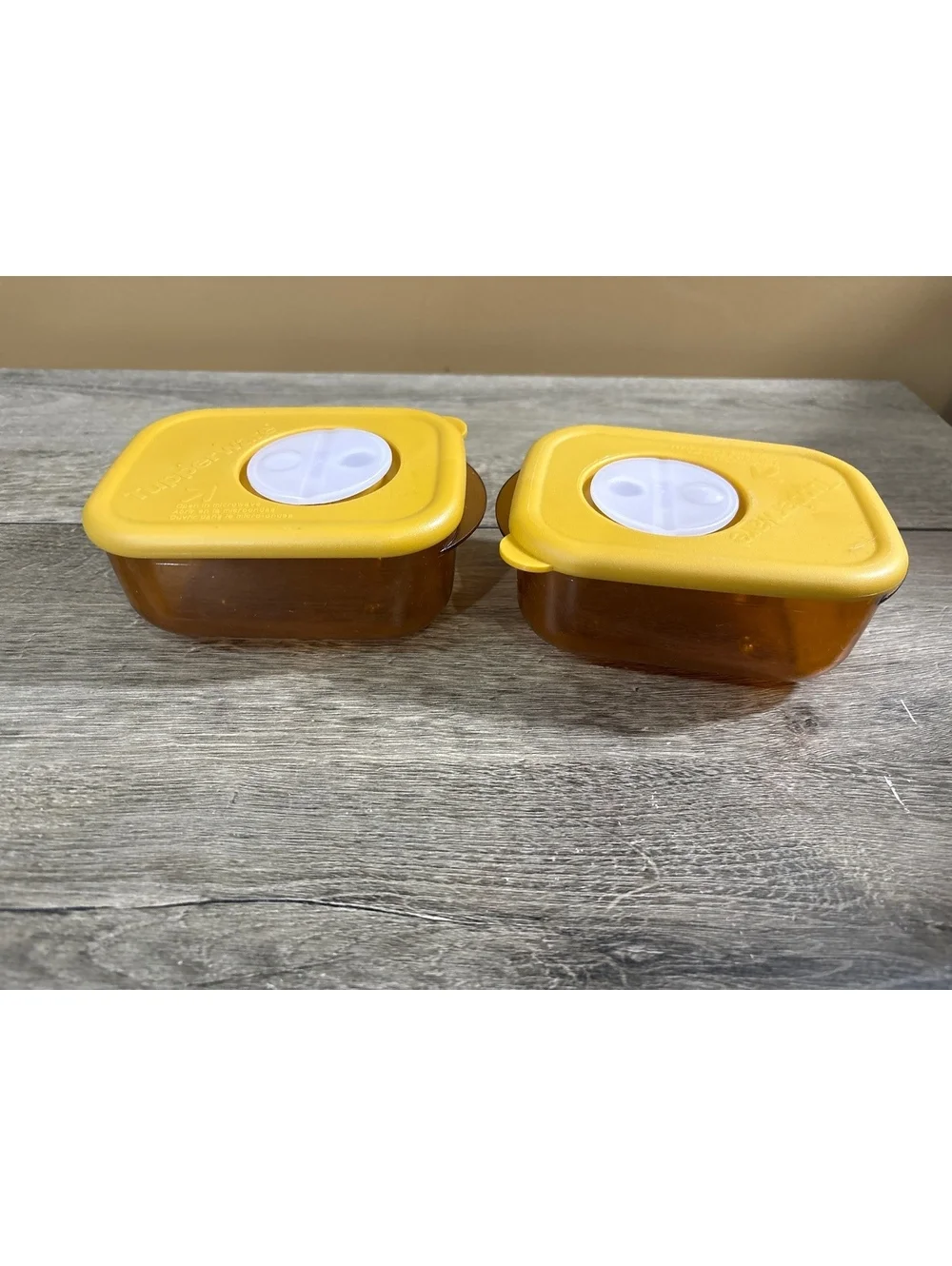 Vintage Tupperware Amber Storage Containers with Yellow Lids - Set of 2